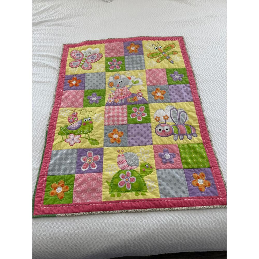 HANDMADE Pink Garden Baby Quilt Whimsical Heirloom Nursery Floral Applique 32x41